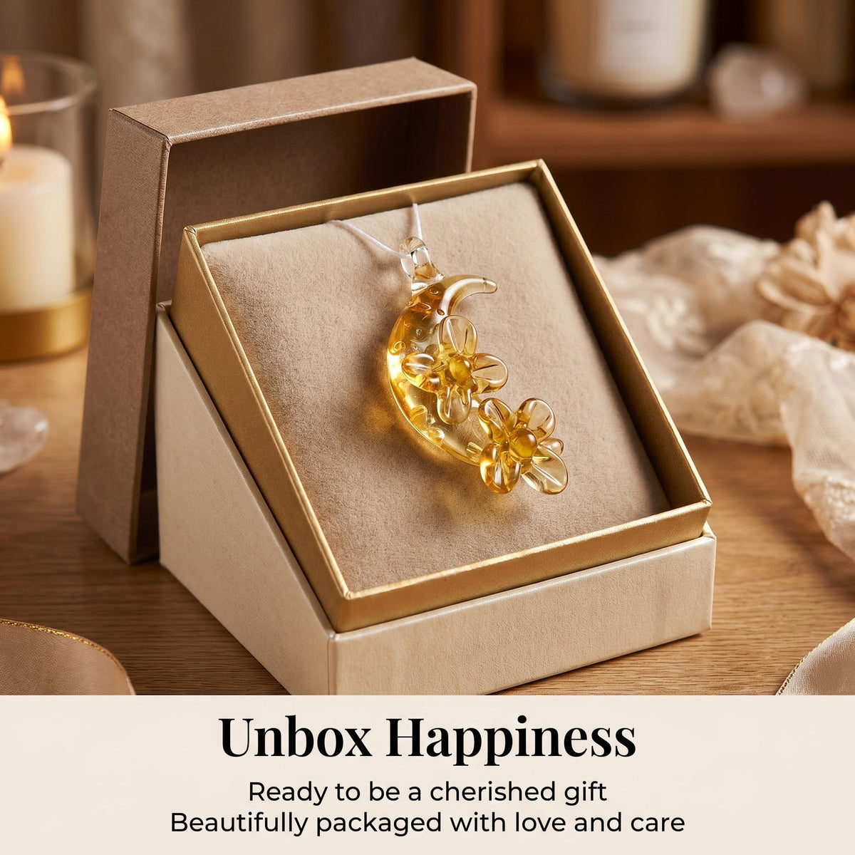 Hand-Blown Amber Moon Glass Pendant - art glass Necklace Accessory for Daily Wear