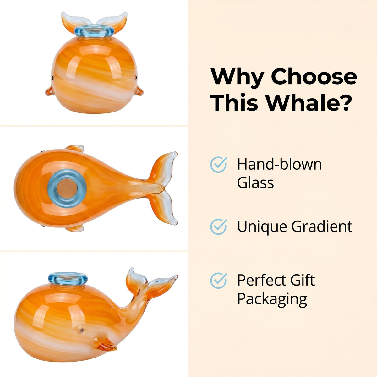 Hand-Blown Glass Whale Ornament, art glass Decor Accessory - Desk Ornament for Home Decor Enthusiasts