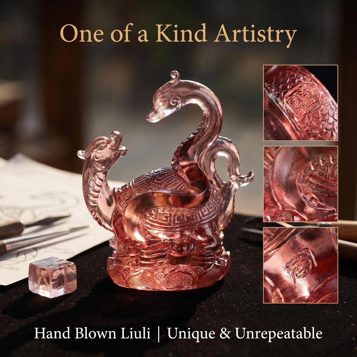 LuminaGlaze One of a Kind Hand Blown Liuli Dragon Turtle Statue, Iridescent Golden Amber to Sapphire Blue Gradient, Mythical – product image 7
