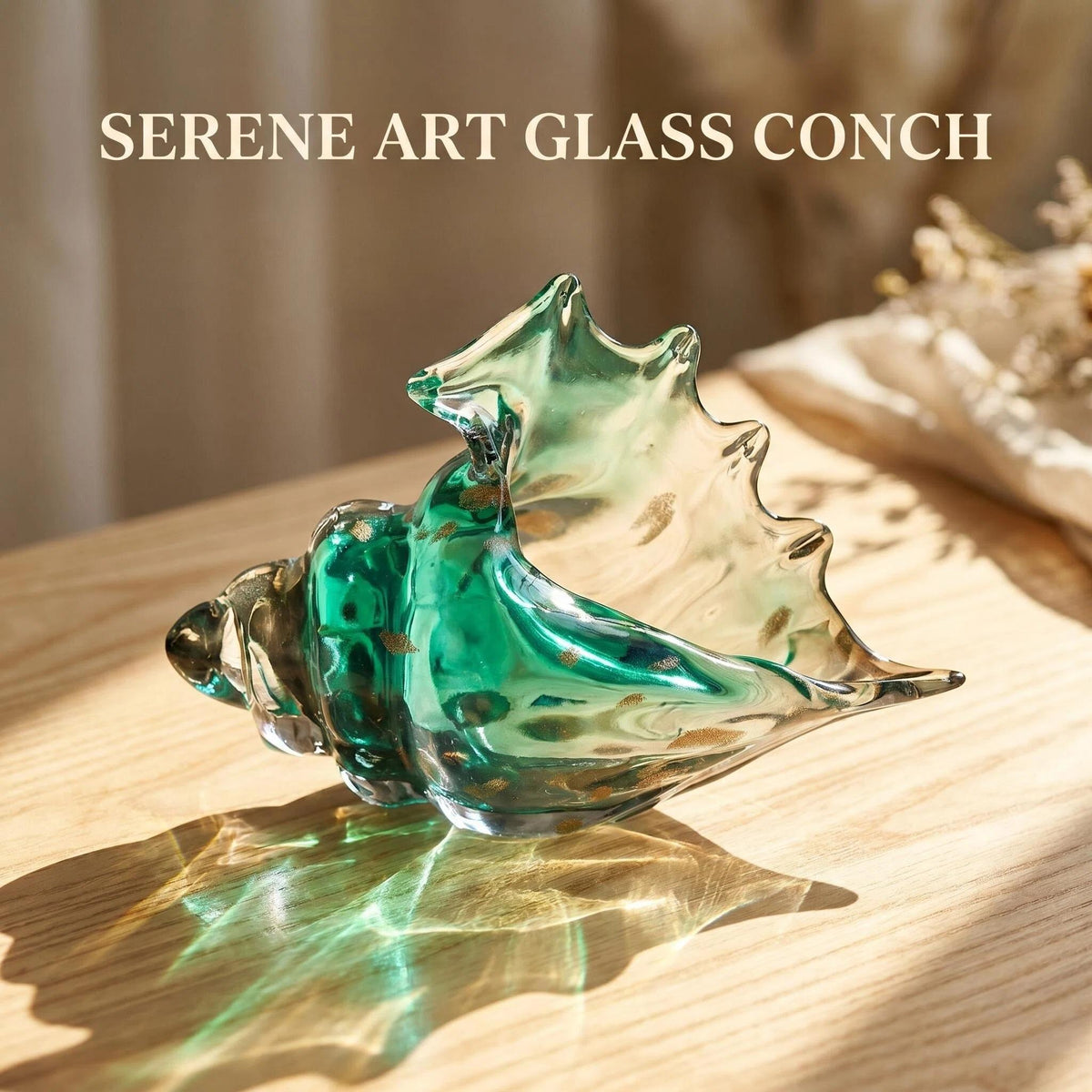 LuminaGlaze Hand-Blown Art Glass Conch - Emerald Green Gradient with Shimmering Gold Flakes, Glows in Light to Cast Magical – product image 1