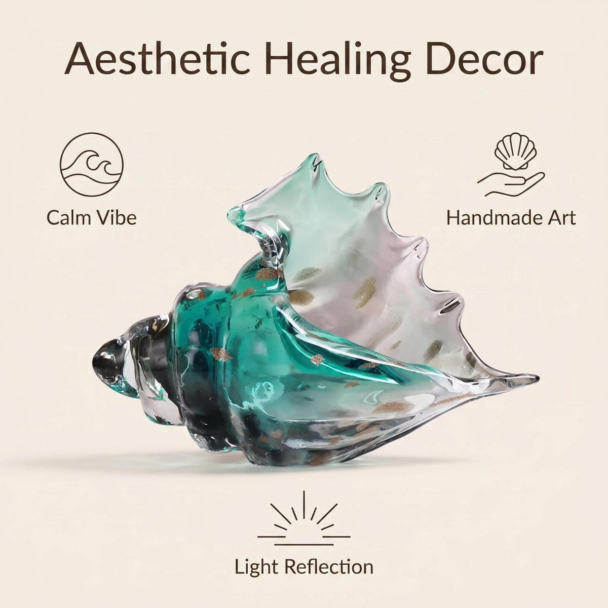 LuminaGlaze Hand-Blown Art Glass Conch - Emerald Green Gradient with Shimmering Gold Flakes, Glows in Light to Cast Magical – product image 4