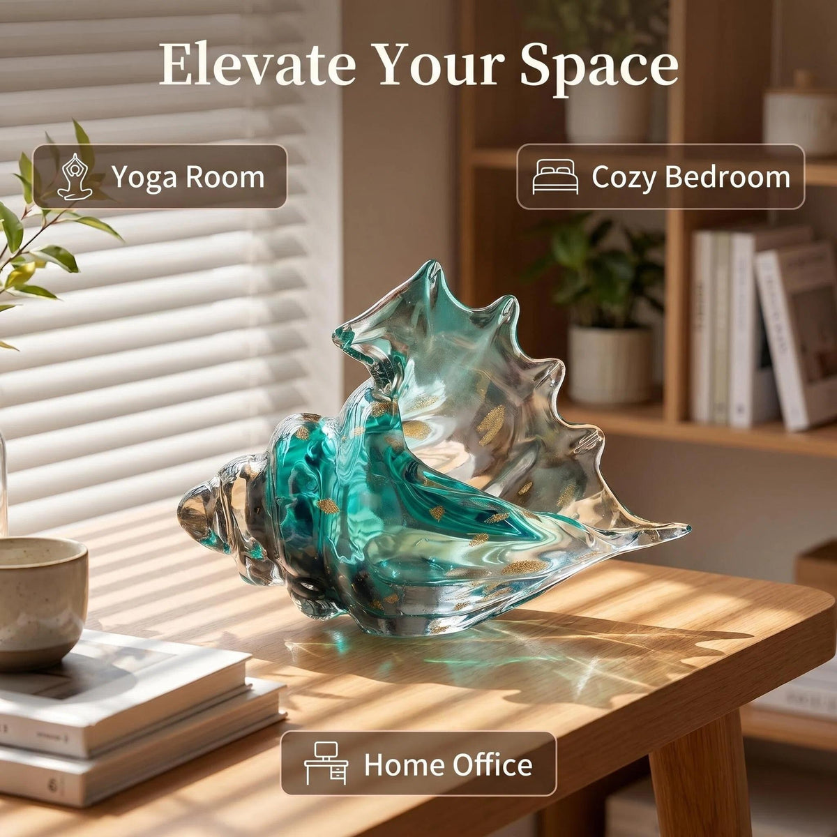 LuminaGlaze Hand-Blown Art Glass Conch - Emerald Green Gradient with Shimmering Gold Flakes, Glows in Light to Cast Magical – product image 7