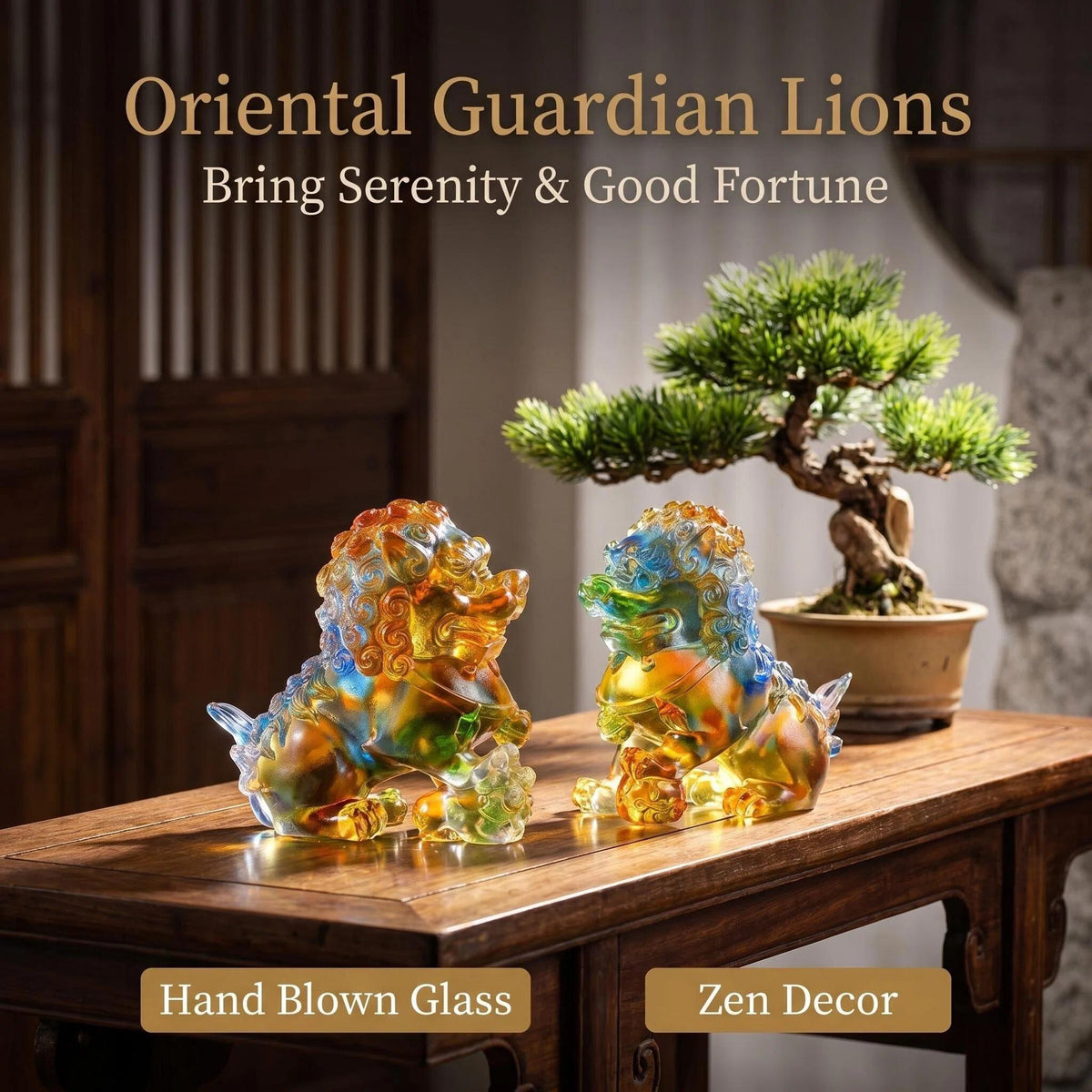 LuminaGlaze Hand Blown Liuli Fu Lion Statue Set - Colorful Gradient Art Glass, Traditional Chinese Guardian Lions, Feng Shui Home – product image 1