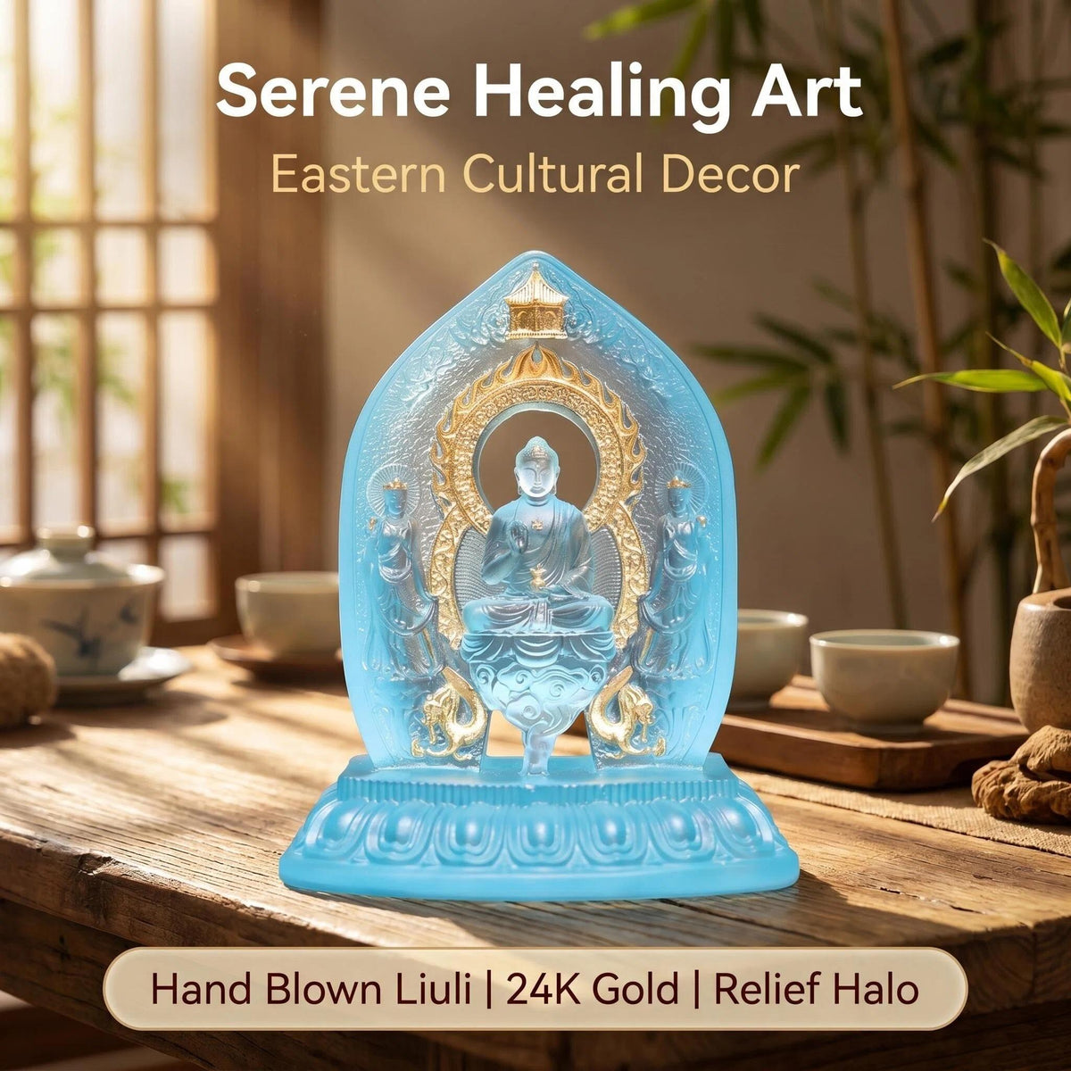 LuminaGlaze Hand-Blown Liuli Buddha Statue, Sky Blue Glass with Gilded Accents, Traditional Eastern Sacred Art, Serene Home Altar – product image 1