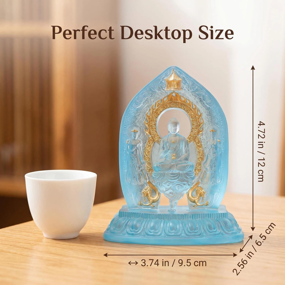 LuminaGlaze Hand-Blown Liuli Buddha Statue, Sky Blue Glass with Gilded Accents, Traditional Eastern Sacred Art, Serene Home Altar – product image 7