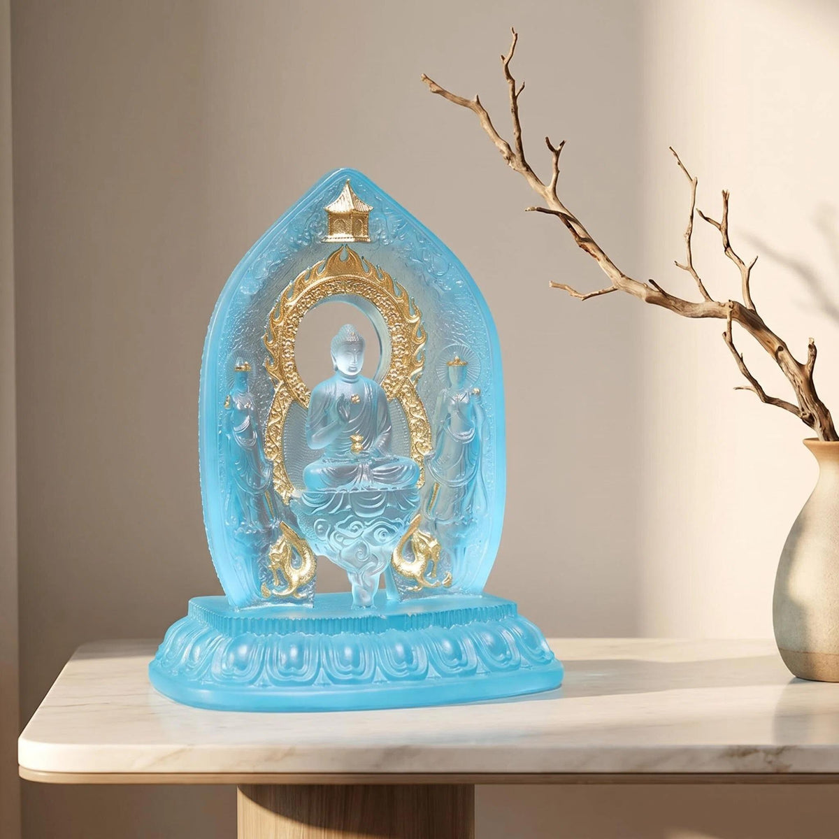 LuminaGlaze Hand-Blown Liuli Buddha Statue, Sky Blue Glass with Gilded Accents, Traditional Eastern Sacred Art, Serene Home Altar – product image 8