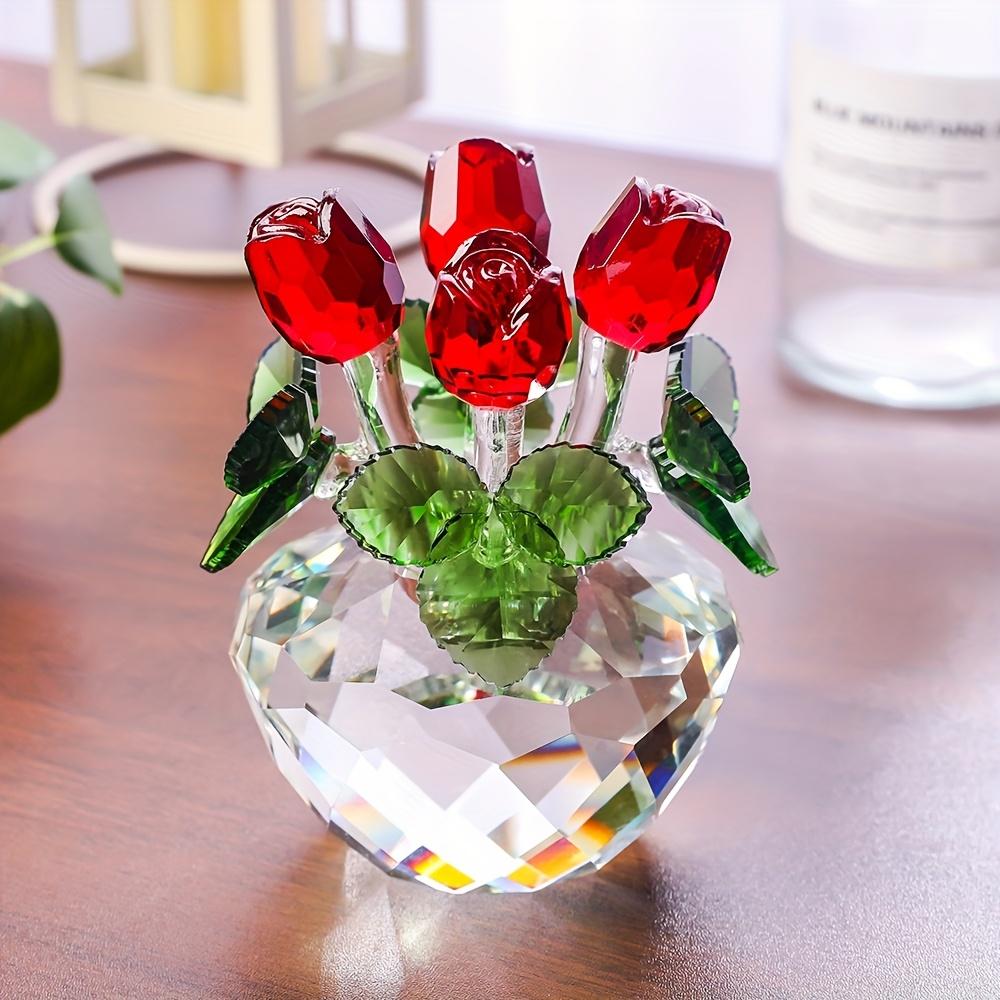 LuminaGlaze 10.5×8CM K9 Handmade Crystal Vase with 4 Roses & Leaves, Elegant Desktop Decor, Perfect Gift for Valentine's, – product image 1