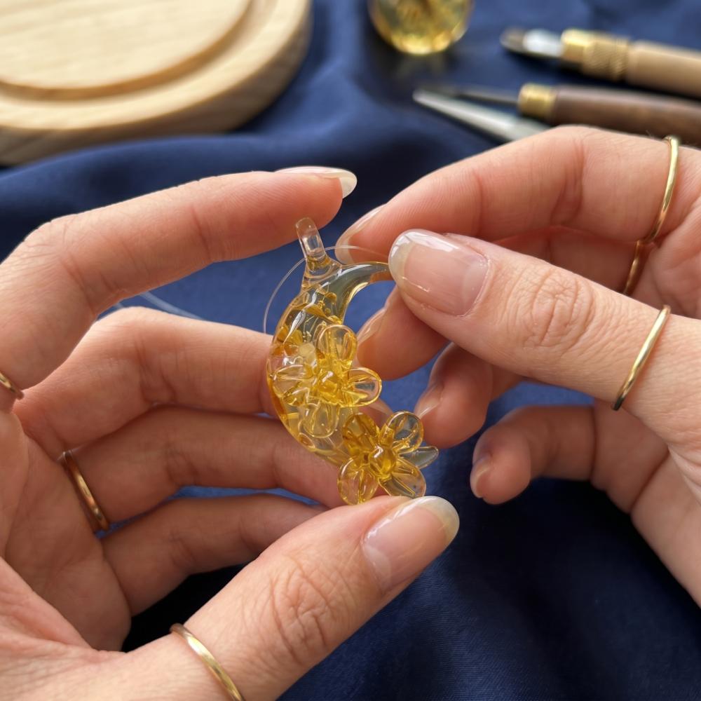 LuminaGlaze Handmade Moon & Blossom Glass Pendant, Yellow Crystal DIY Charm for Necklace & Bracelet (Cord Not Included) – product image 5