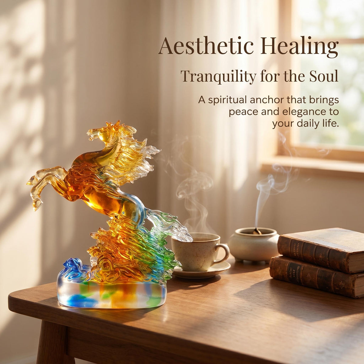 LuminaGlaze Hand-Blown Liuli Celestial Horse Statue, Rainbow Gradient Art Glass, Traditional Chinese Flying Horse, Success & – product image 4