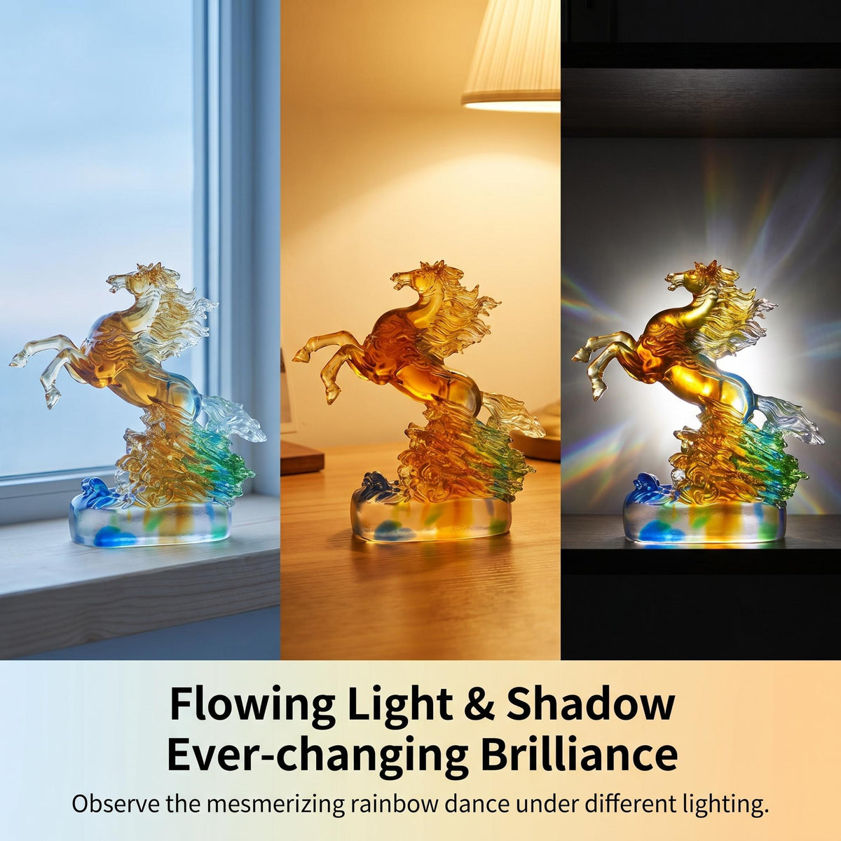 LuminaGlaze Hand-Blown Liuli Celestial Horse Statue, Rainbow Gradient Art Glass, Traditional Chinese Flying Horse, Success & – product image 6