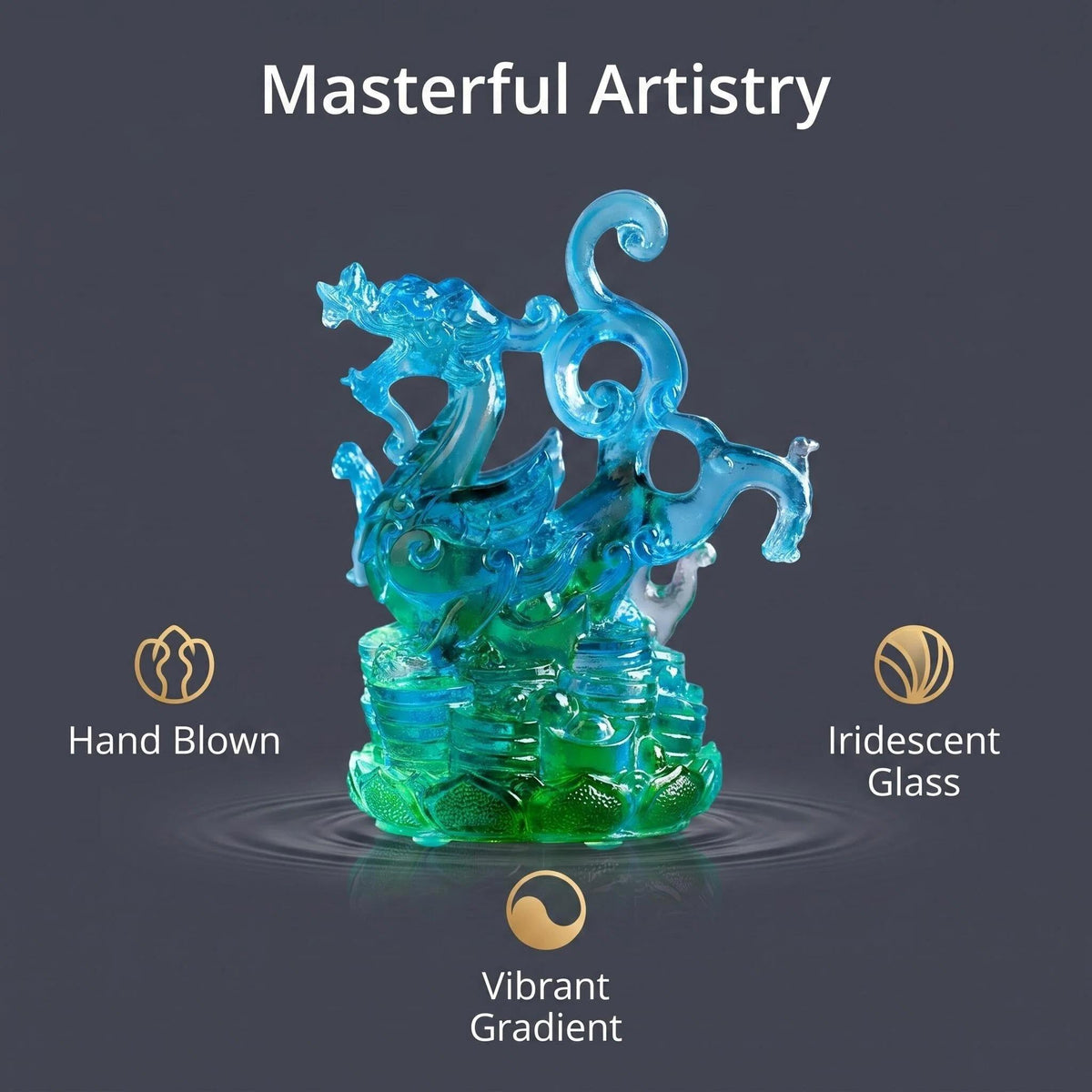 LuminaGlaze One of a Kind Hand Blown Liuli Azure Dragon Statue, Iridescent Ocean Blue to Emerald Green Gradient, Mythical Eastern – product image 3