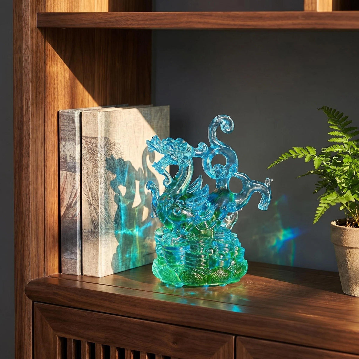 LuminaGlaze One of a Kind Hand Blown Liuli Azure Dragon Statue, Iridescent Ocean Blue to Emerald Green Gradient, Mythical Eastern – product image 5