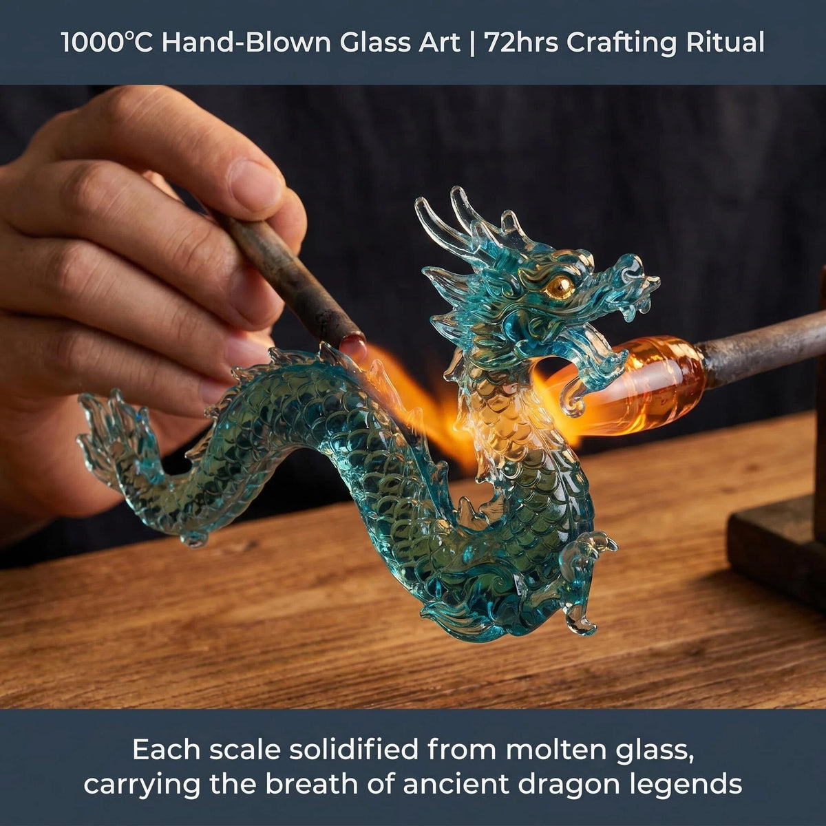 LuminaGlaze One of a Kind Hand Blown Liuli Azure Dragon Statue, Iridescent Ocean Blue to Emerald Green Gradient, Mythical Eastern – product image 6