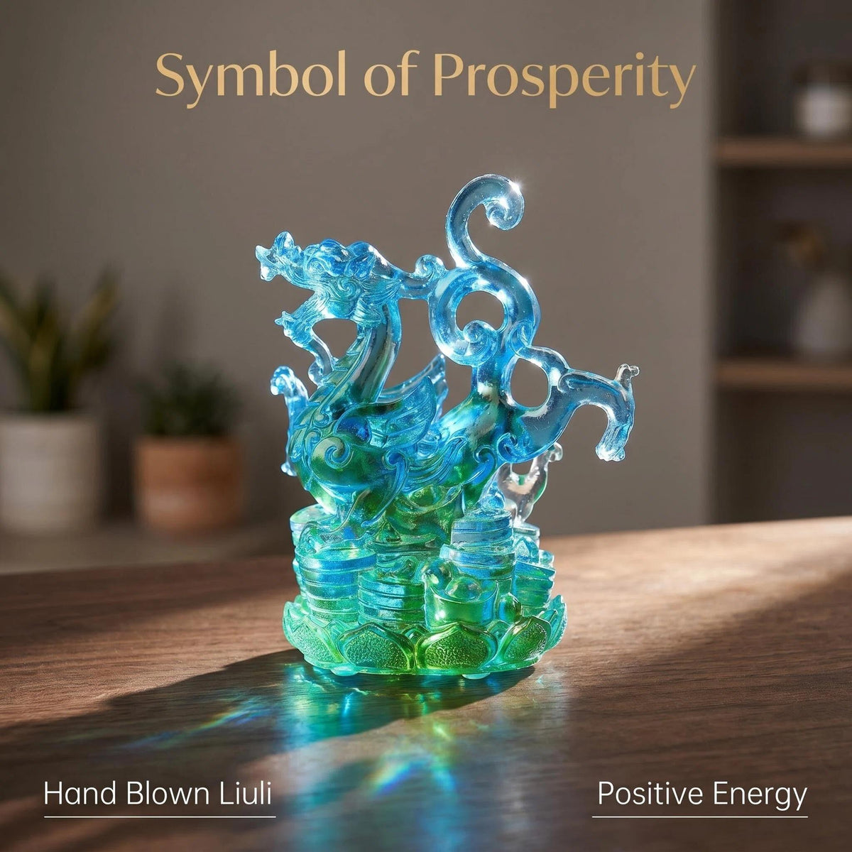 LuminaGlaze One of a Kind Hand Blown Liuli Azure Dragon Statue, Iridescent Ocean Blue to Emerald Green Gradient, Mythical Eastern – product image 8