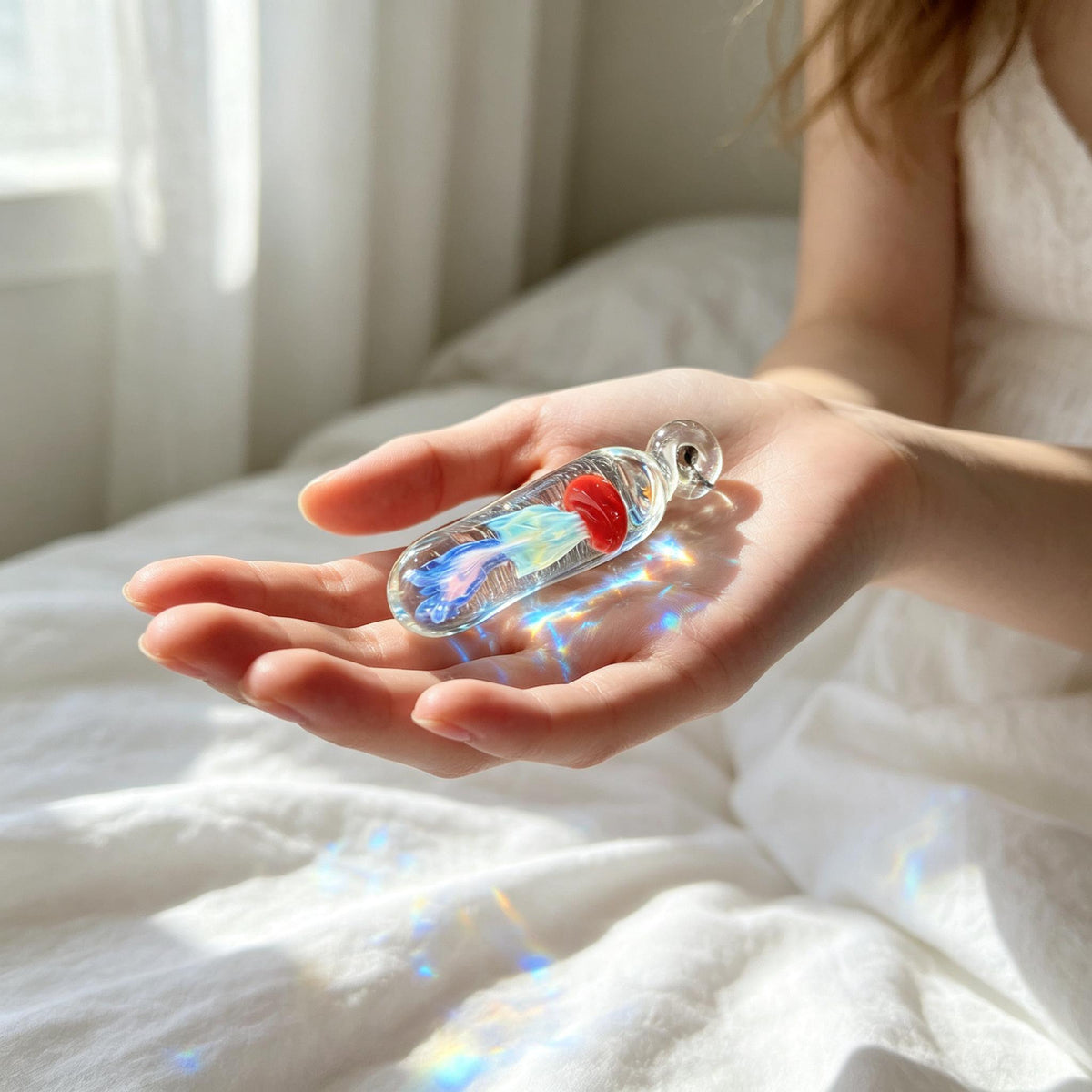 LuminaGlaze Gradient Glass Jellyfish Pendant with Red Head, 4.5cm Capsule Ocean Art with Iridescent Detail, Unique Coastal Gift – product image 3