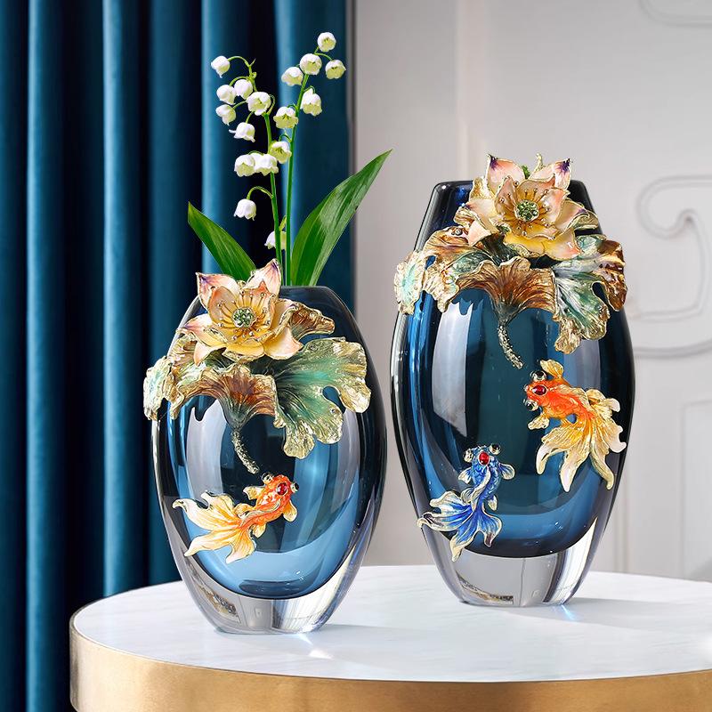 LuminaGlaze Handmade Glass Vase with Fish & Lotus Design, Oriental High-End Art Collectible, Decor for Living Room, Wine Cabinet – product image 1