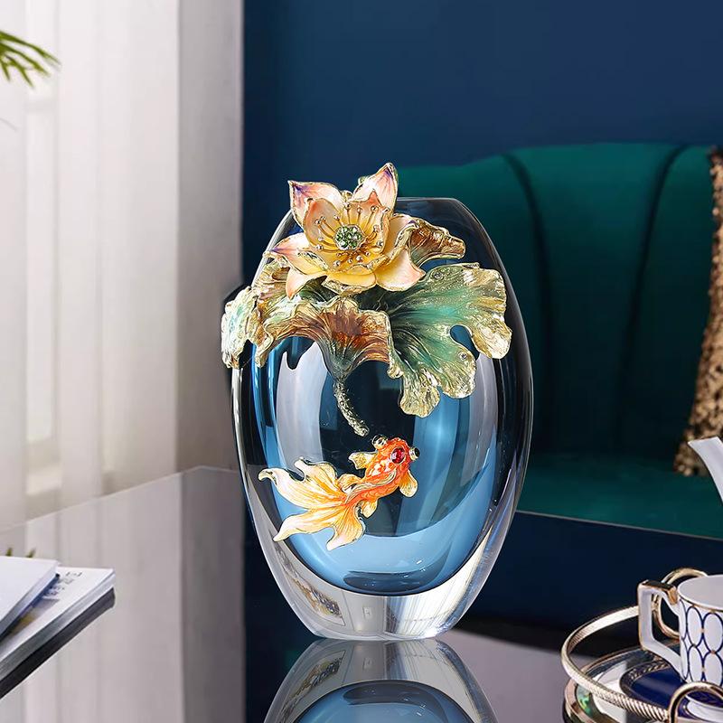 LuminaGlaze Handmade Glass Vase with Fish & Lotus Design, Oriental High-End Art Collectible, Decor for Living Room, Wine Cabinet – product image 3