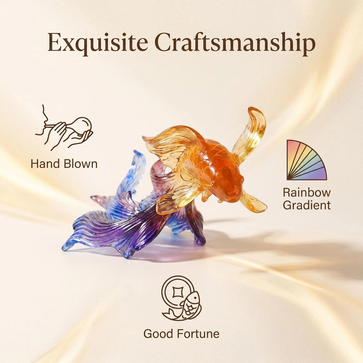 LuminaGlaze One of a Kind Hand Blown Liuli Koi Fish Sculpture, Iridescent Golden Orange to Sapphire Blue Gradient with Shimmering – product image 2
