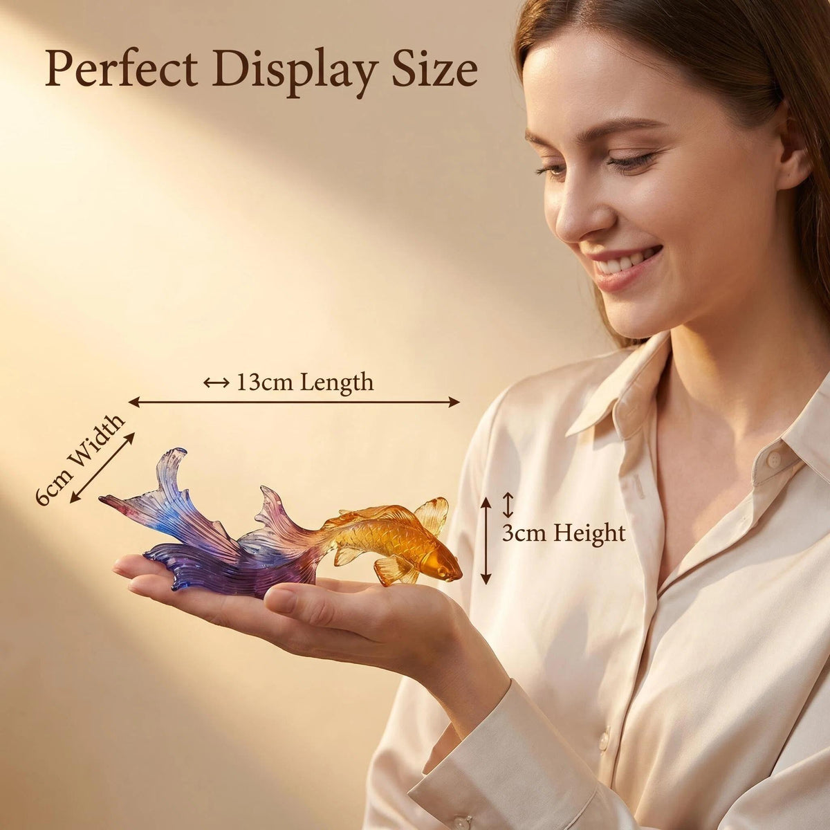 LuminaGlaze One of a Kind Hand Blown Liuli Koi Fish Sculpture, Iridescent Golden Orange to Sapphire Blue Gradient with Shimmering – product image 3