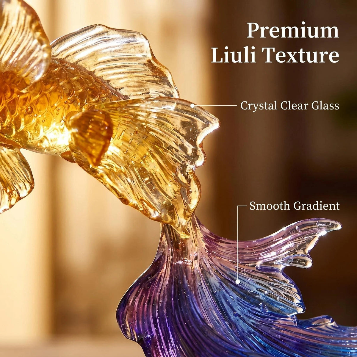 LuminaGlaze One of a Kind Hand Blown Liuli Koi Fish Sculpture, Iridescent Golden Orange to Sapphire Blue Gradient with Shimmering – product image 5