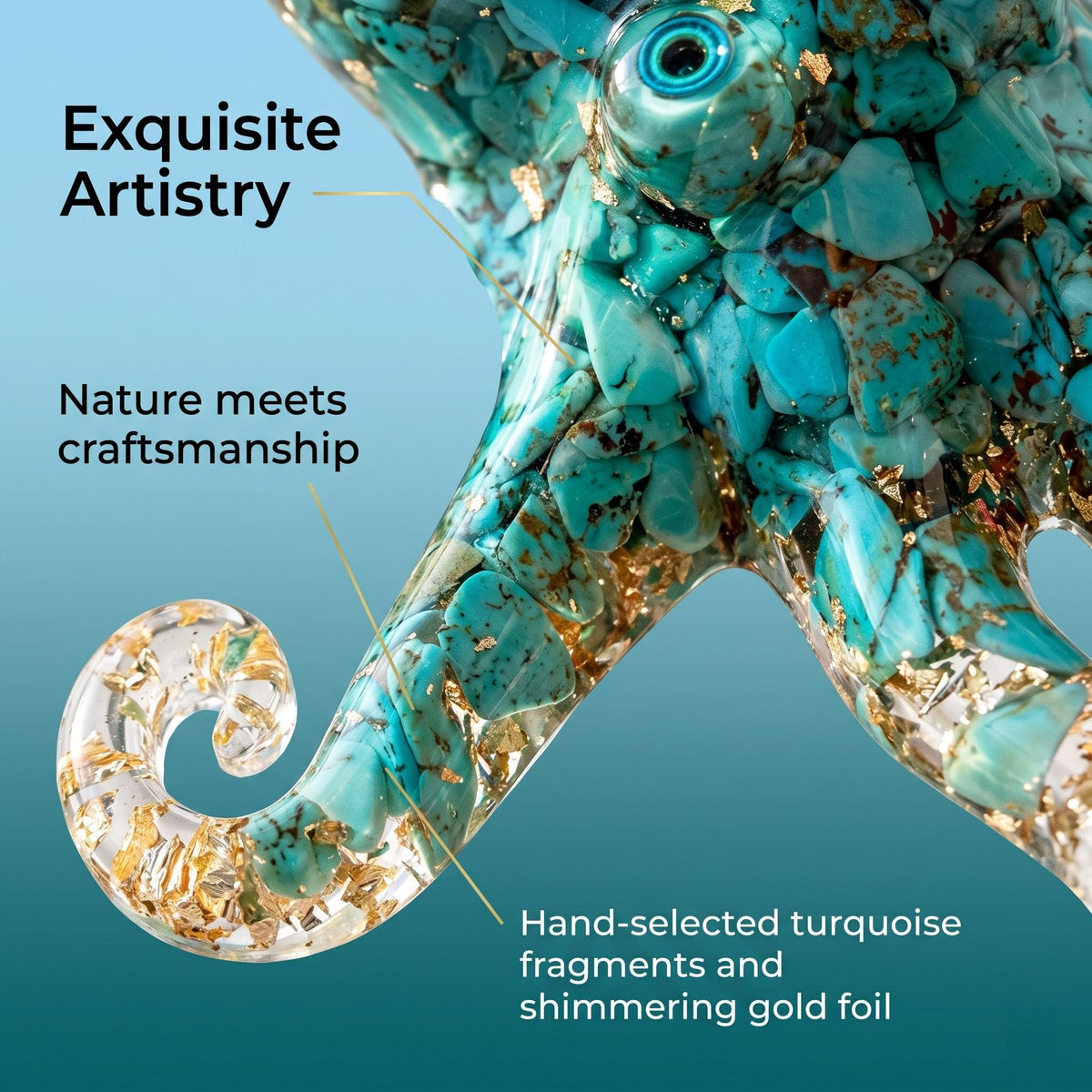 LuminaGlaze Unique art glass Glass Octopus Necklace Pendant, Adorned with Gold Leaf and Natural Turquoise – product image 3
