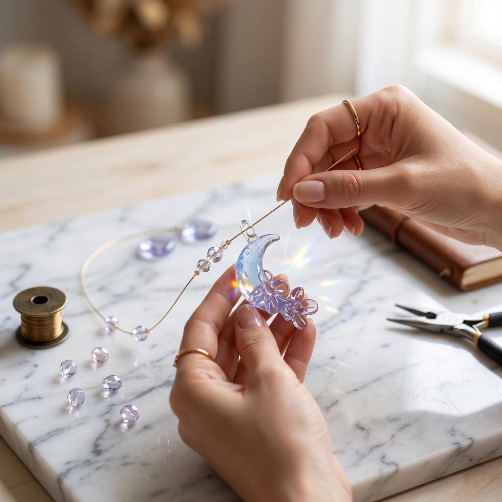 LuminaGlaze Handmade Original Purple Moon Floral Glass Pendant, Crystal DIY Charm for Jewelry Making (Cord Not Included) – product image 6
