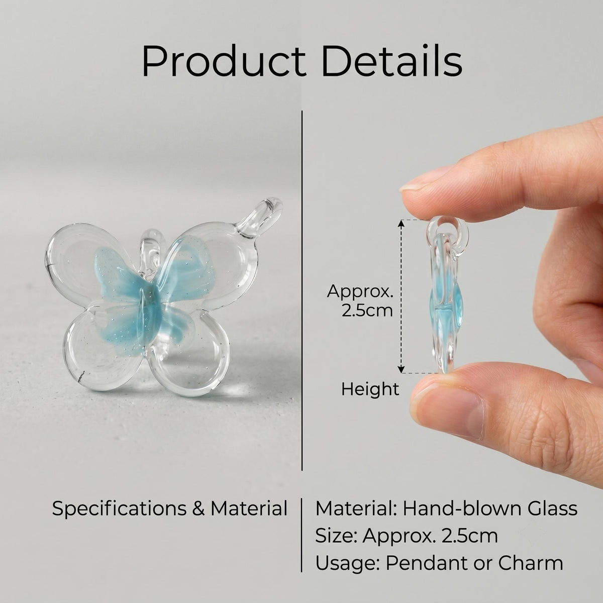 LuminaGlaze Handmade Gradient Blue Butterfly Glass Pendant, Crystal DIY Charm for Necklaces & Bracelets, Elegant Handicraft, – product image 2