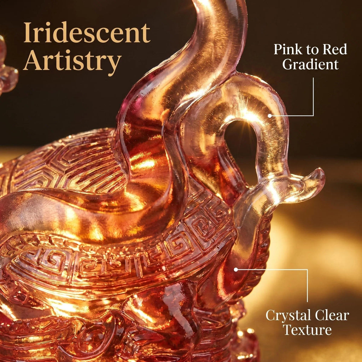 LuminaGlaze One of a Kind Hand Blown Liuli Dragon Turtle Statue, Iridescent Golden Amber to Sapphire Blue Gradient, Mythical – product image 3
