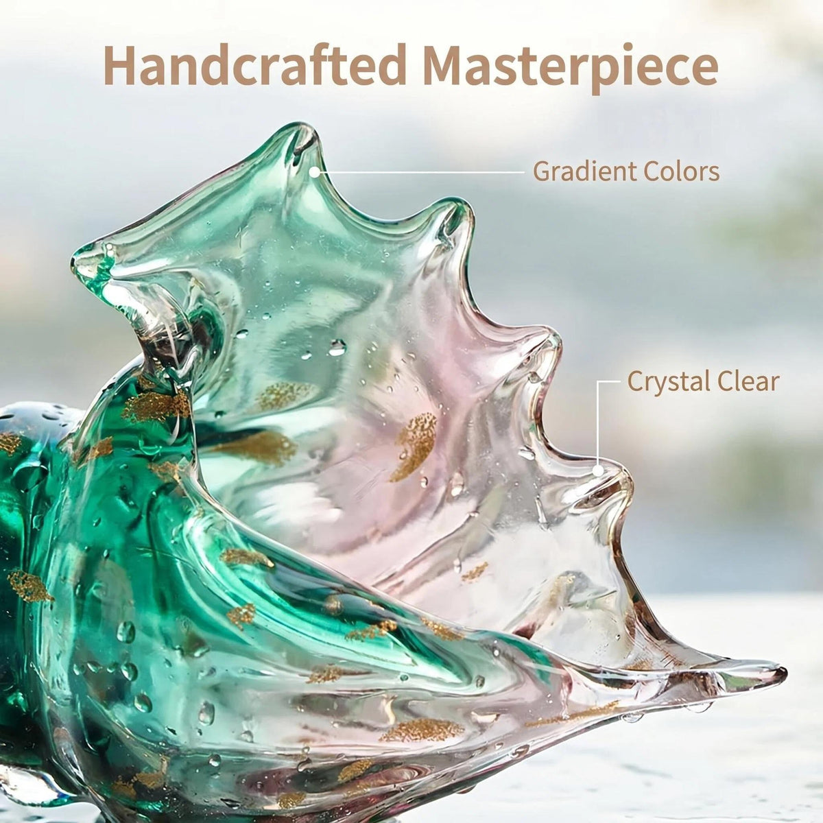 LuminaGlaze Hand-Blown Art Glass Conch - Emerald Green Gradient with Shimmering Gold Flakes, Glows in Light to Cast Magical – product image 2