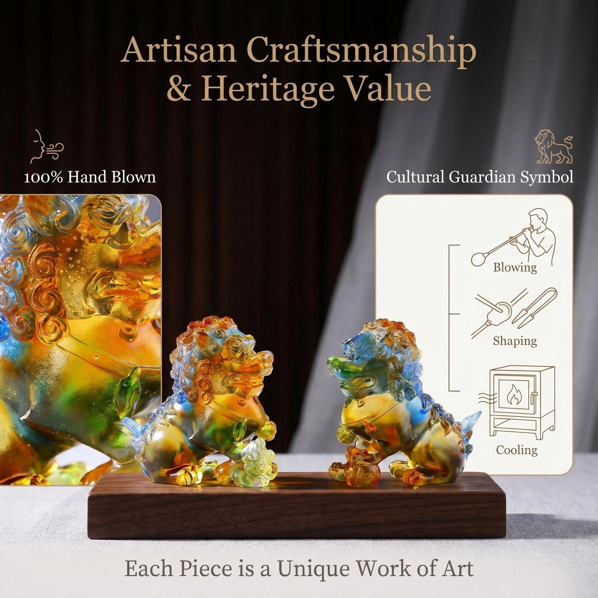 LuminaGlaze Hand Blown Liuli Fu Lion Statue Set - Colorful Gradient Art Glass, Traditional Chinese Guardian Lions, Feng Shui Home – product image 2