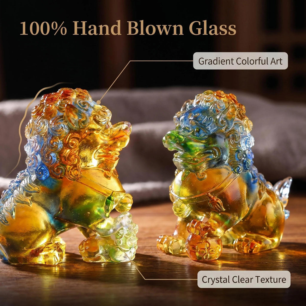 LuminaGlaze Hand Blown Liuli Fu Lion Statue Set - Colorful Gradient Art Glass, Traditional Chinese Guardian Lions, Feng Shui Home – product image 3
