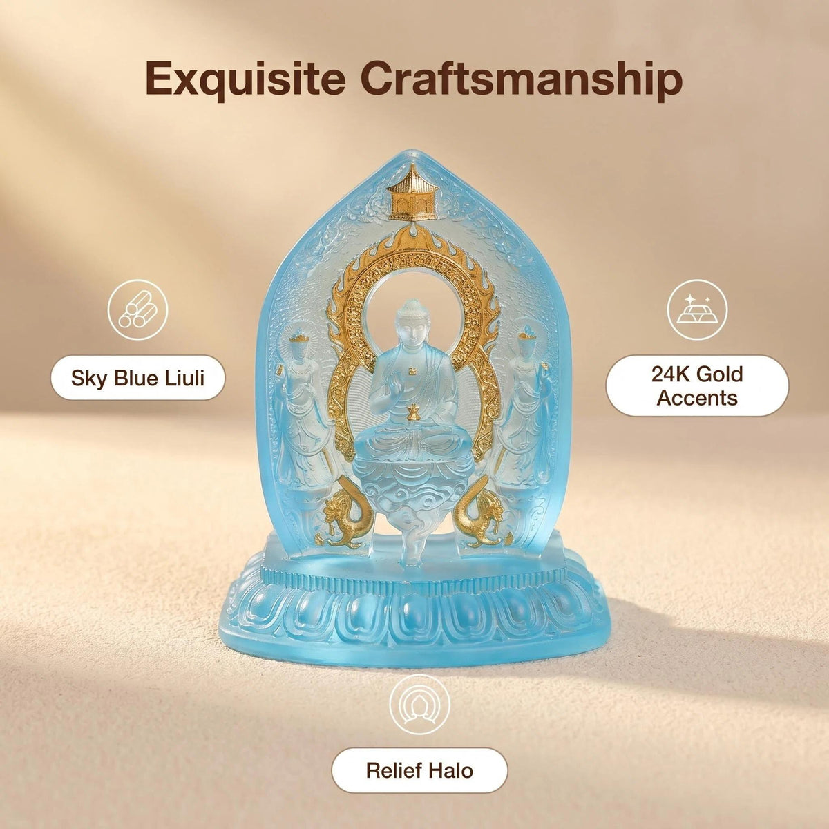 LuminaGlaze Hand-Blown Liuli Buddha Statue, Sky Blue Glass with Gilded Accents, Traditional Eastern Sacred Art, Serene Home Altar – product image 2