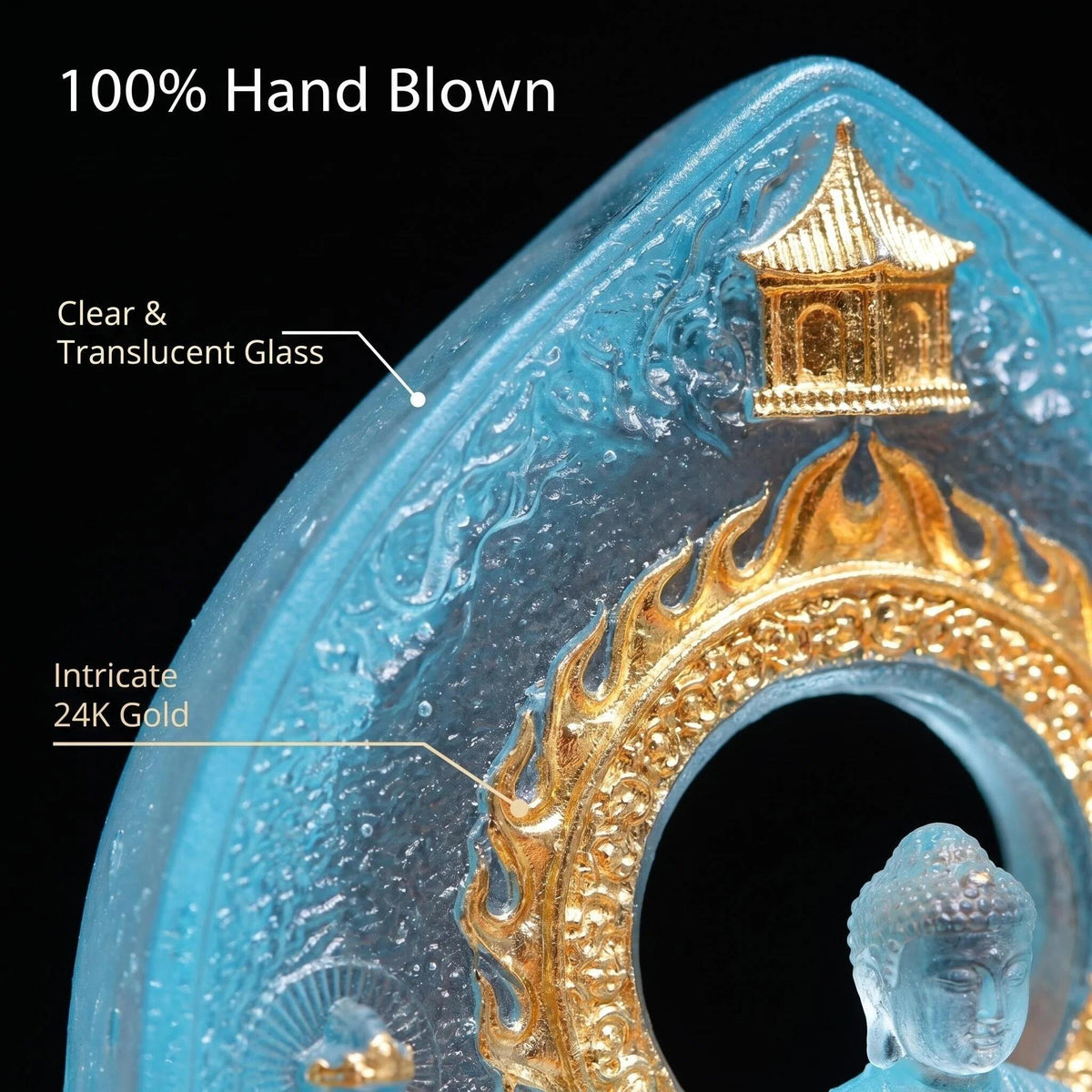 LuminaGlaze Hand-Blown Liuli Buddha Statue, Sky Blue Glass with Gilded Accents, Traditional Eastern Sacred Art, Serene Home Altar – product image 3
