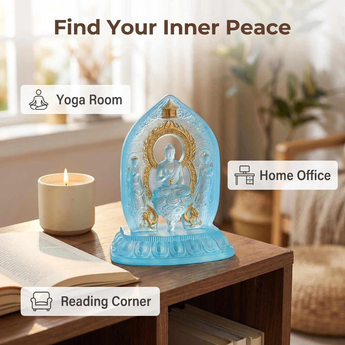 LuminaGlaze Hand-Blown Liuli Buddha Statue, Sky Blue Glass with Gilded Accents, Traditional Eastern Sacred Art, Serene Home Altar – product image 4