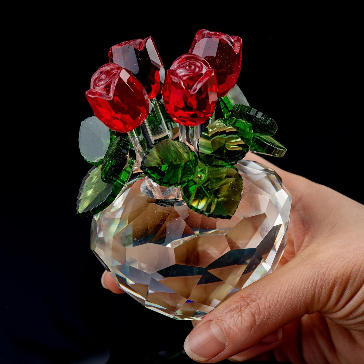 LuminaGlaze 10.5×8CM K9 Handmade Crystal Vase with 4 Roses & Leaves, Elegant Desktop Decor, Perfect Gift for Valentine's, – product image 2