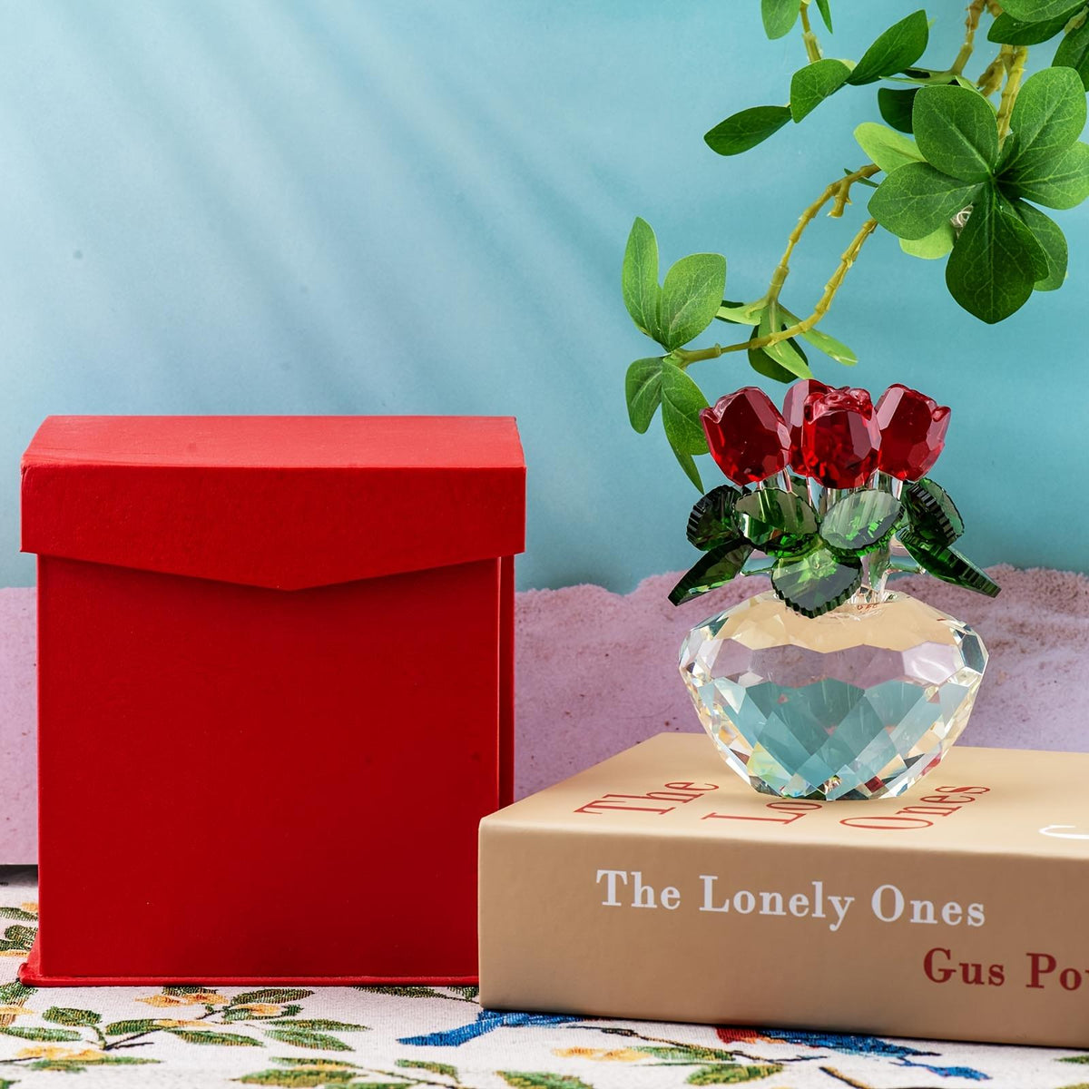LuminaGlaze 10.5×8CM K9 Handmade Crystal Vase with 4 Roses & Leaves, Elegant Desktop Decor, Perfect Gift for Valentine's, – product image 6