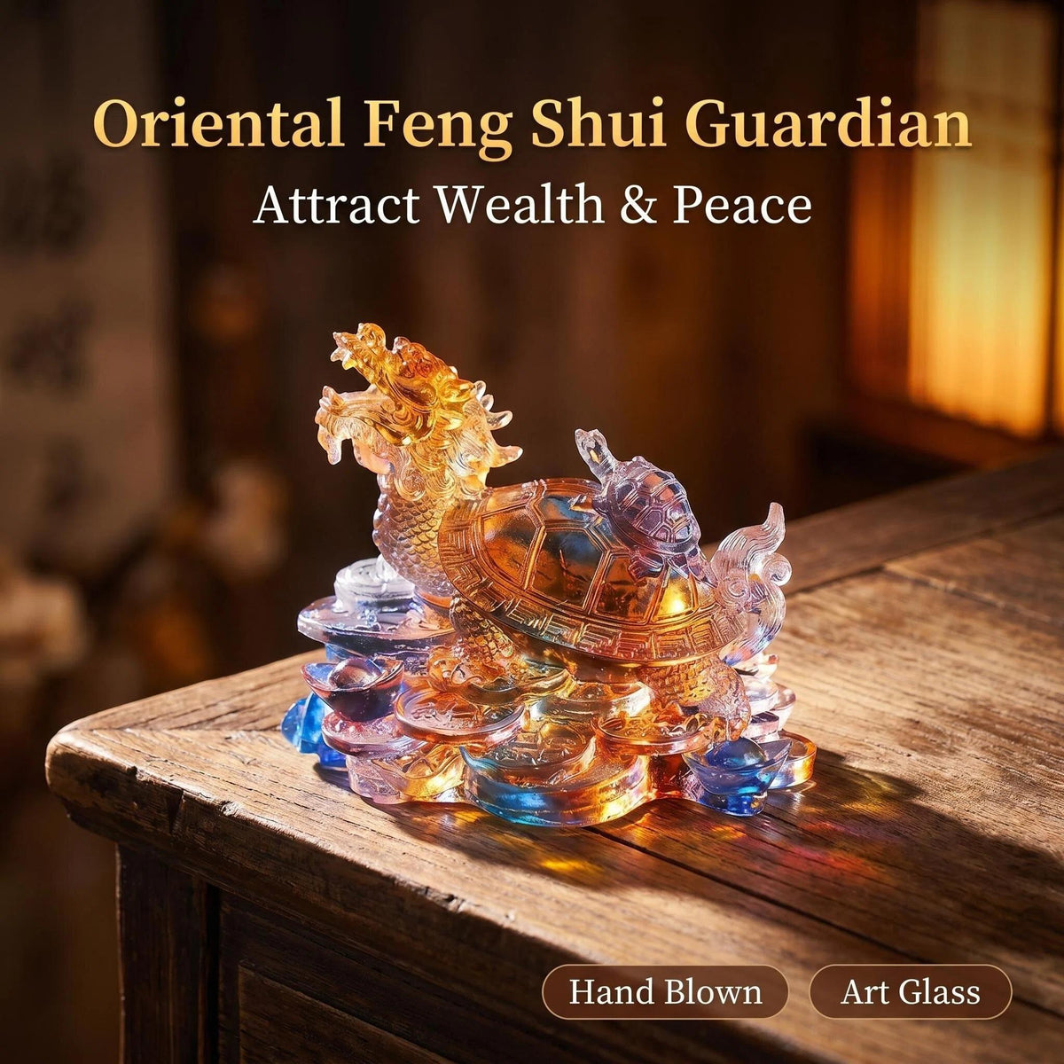 LuminaGlaze Hand Blown Liuli Dragon Turtle Statue - Colorful Gradient Art Glass, Traditional Chinese Feng Shui Guardian, Symbol – product image 1