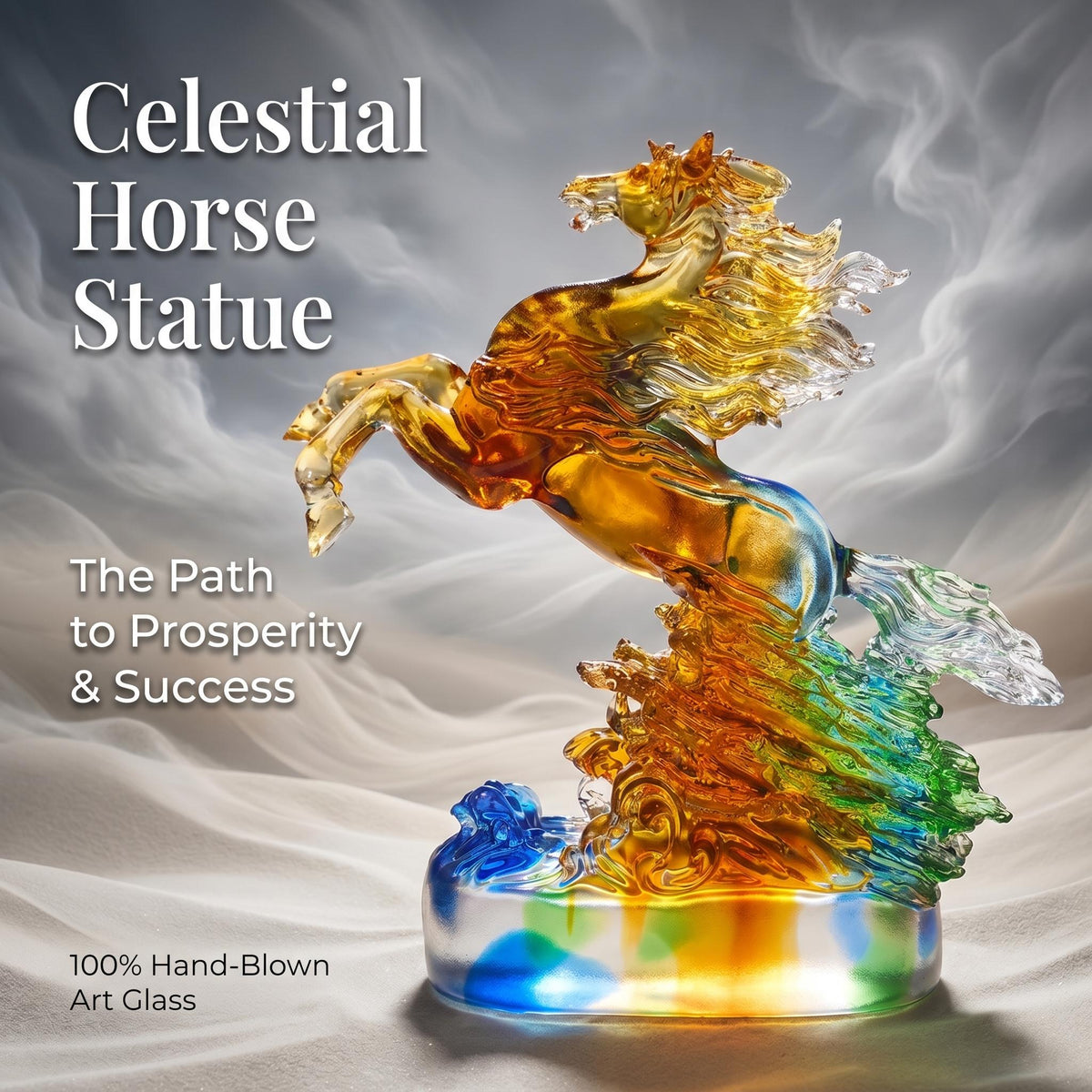 LuminaGlaze Hand-Blown Liuli Celestial Horse Statue, Rainbow Gradient Art Glass, Traditional Chinese Flying Horse, Success & – product image 1