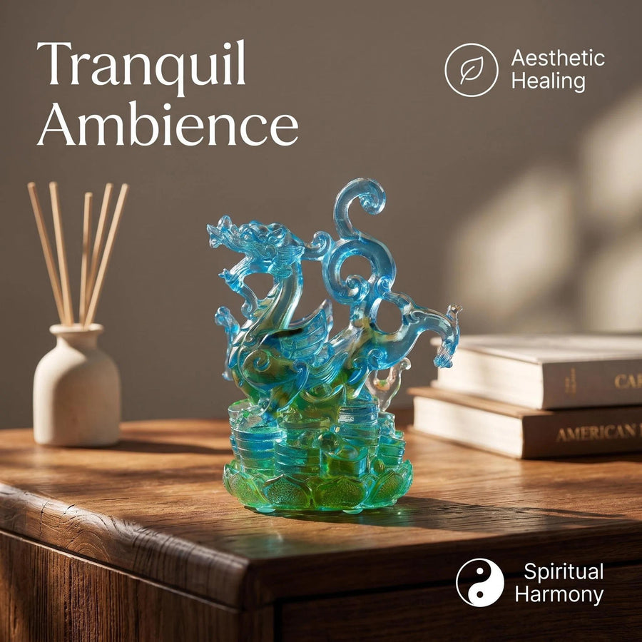 LuminaGlaze · Scultura di drago azzurro in liuli — tono blu, tono verde, finitura sfumata · immagine prodotto 1
