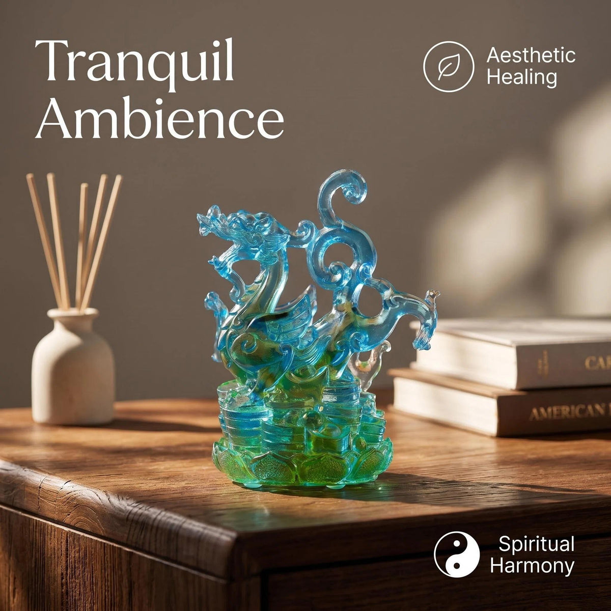 LuminaGlaze One of a Kind Hand Blown Liuli Azure Dragon Statue, Iridescent Ocean Blue to Emerald Green Gradient, Mythical Eastern – product image 1