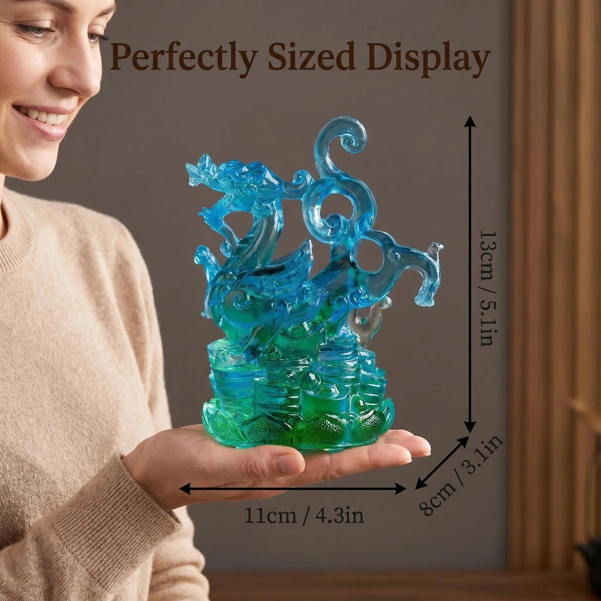 LuminaGlaze One of a Kind Hand Blown Liuli Azure Dragon Statue, Iridescent Ocean Blue to Emerald Green Gradient, Mythical Eastern – product image 2