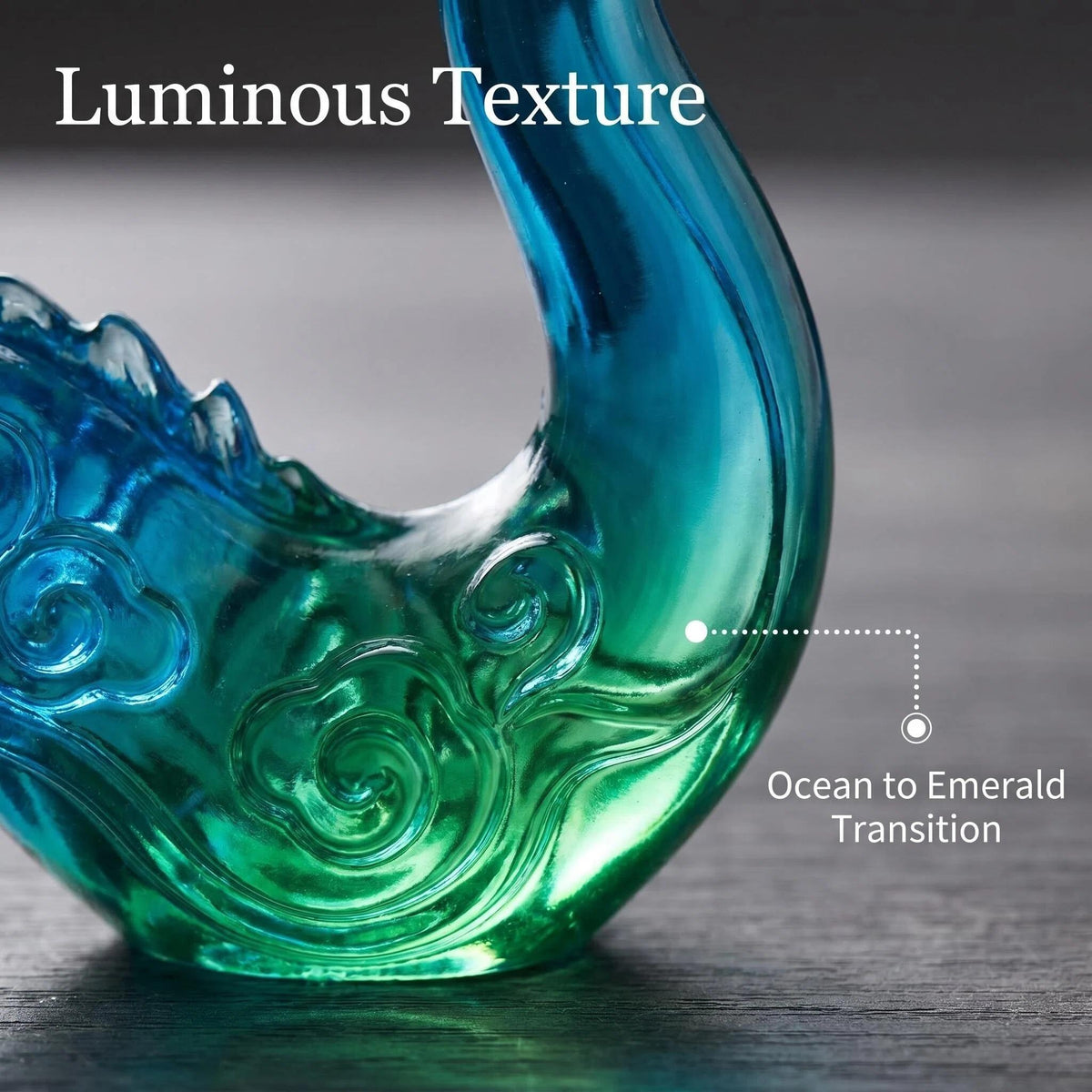 LuminaGlaze One of a Kind Hand Blown Liuli Azure Dragon Statue, Iridescent Ocean Blue to Emerald Green Gradient, Mythical Eastern – product image 4