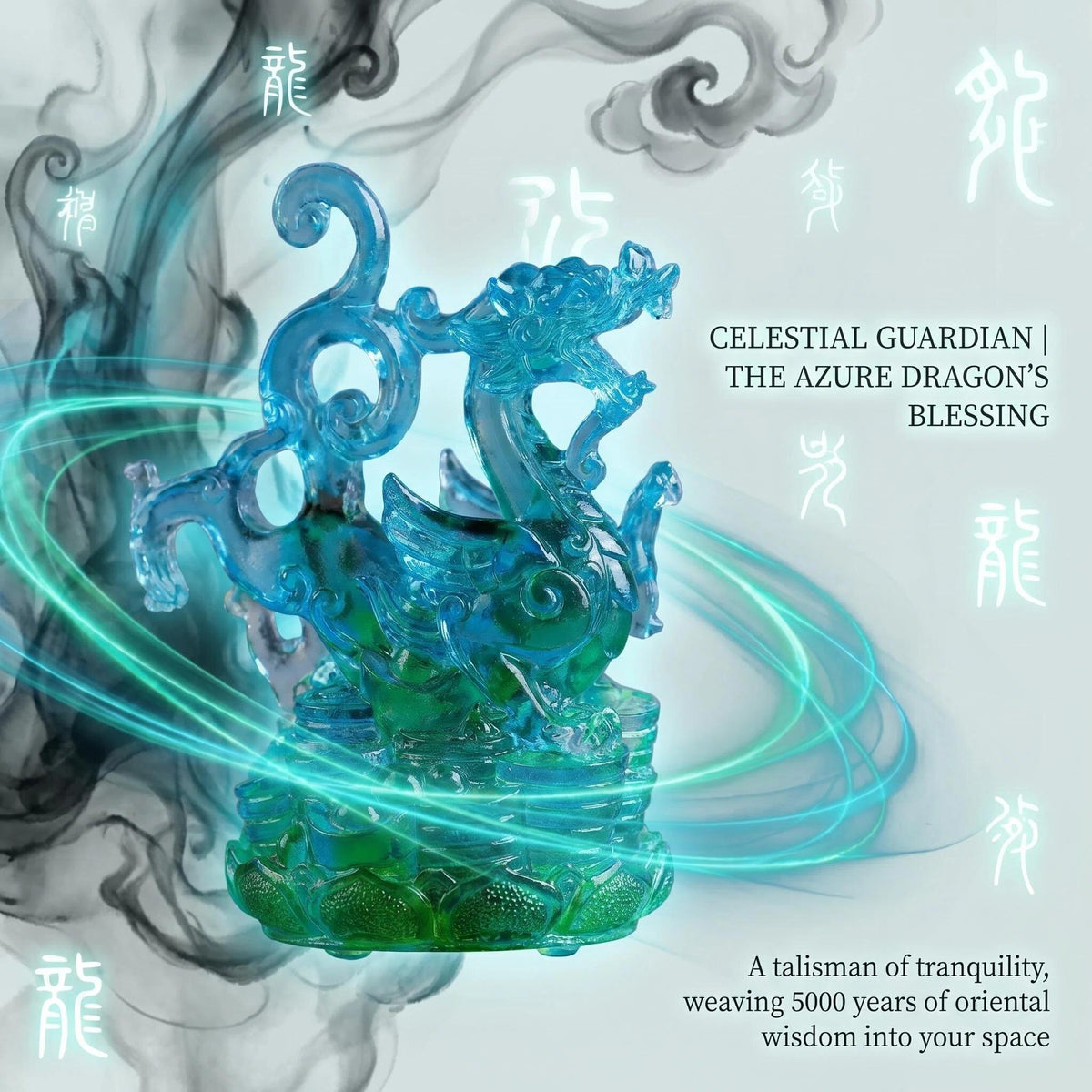 LuminaGlaze One of a Kind Hand Blown Liuli Azure Dragon Statue, Iridescent Ocean Blue to Emerald Green Gradient, Mythical Eastern – product image 7
