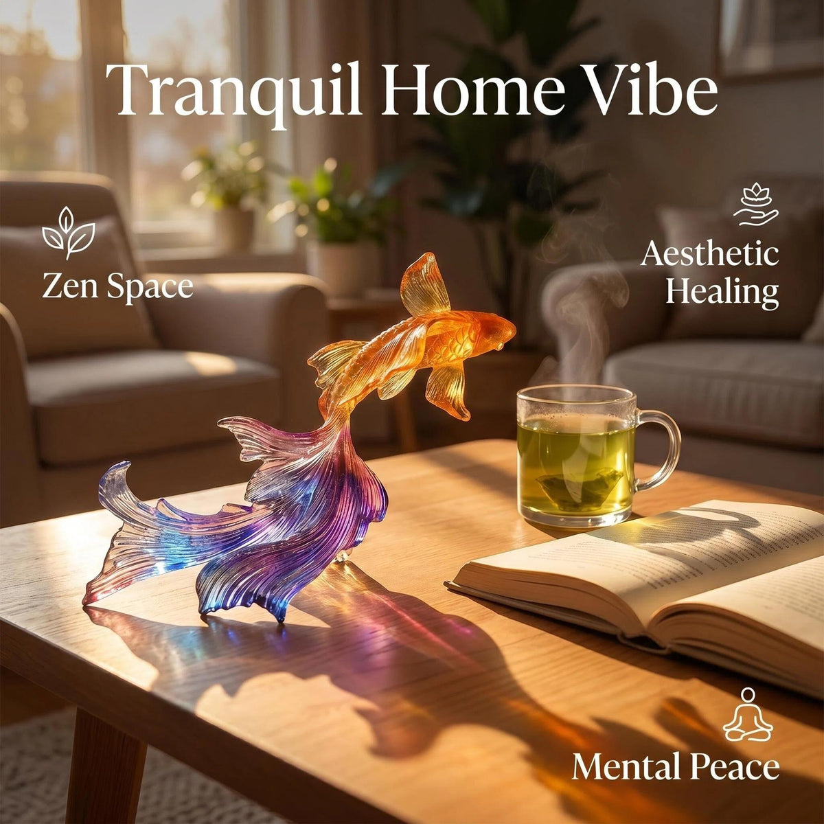 LuminaGlaze One of a Kind Hand Blown Liuli Koi Fish Sculpture, Iridescent Golden Orange to Sapphire Blue Gradient with Shimmering – product image 4